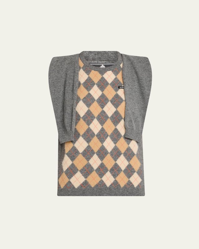 Argyle Knitted Draped-Sleeve Sweater Vest